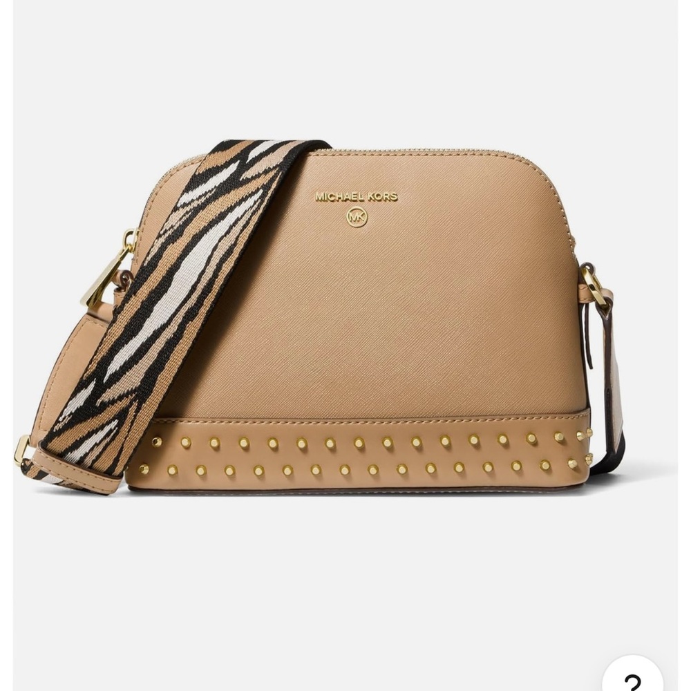 NWT MICHAEL Michael Kors Jet Set Leather Studded Large Dome Camel Crossbody